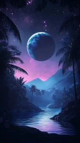 Lunar lagoon dreamscape under neon twilight skies.