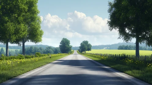 Linear country road receding through sunlit rural landscape