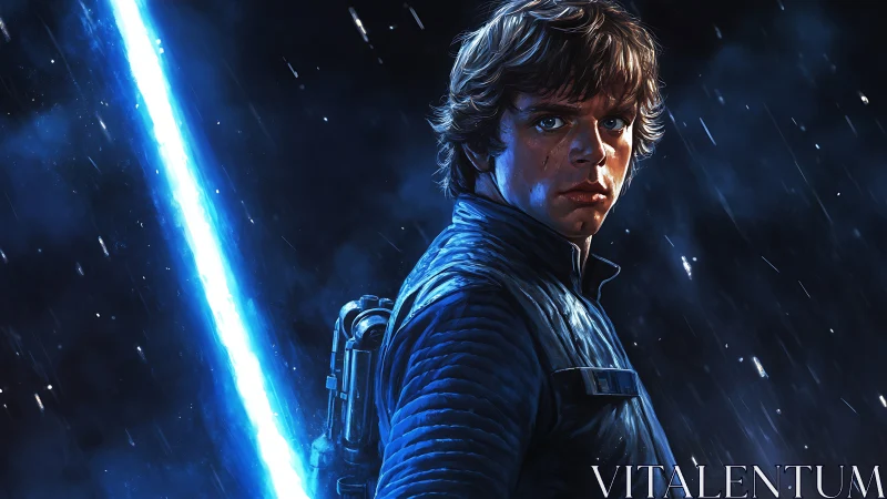 Stormlit space warrior with blazing blue energy blade.