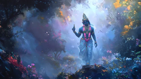 Blue-skinned deity in luminous mystical forest clearing
