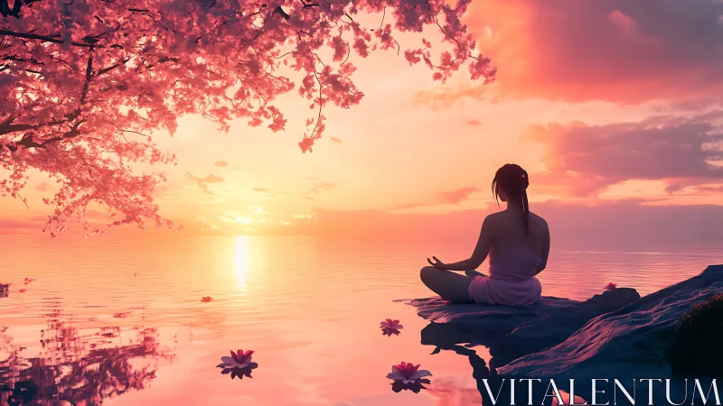 Backlit meditation figure silhouettes against saturated sunset haze