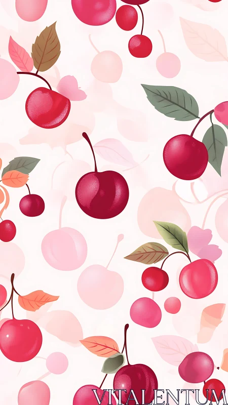 Cherry fruit pattern with stylized leaves on pale background.