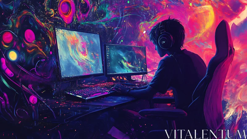 Person at dual-monitor computer in neon abstract environment.