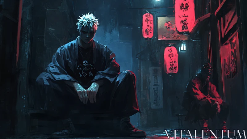 Brooding street ronin sit beneath neon lanterns at night
