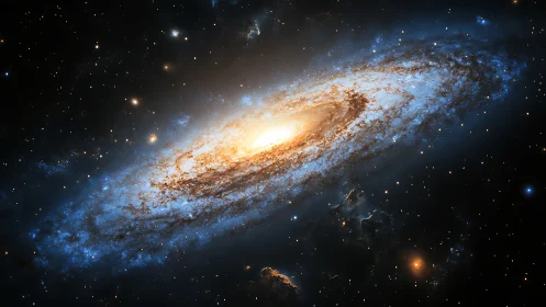 Edge-on spiral galaxy with bright core and blue star field.