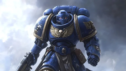 Stoic blue space knight marching through stormy light.