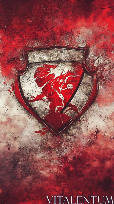 Red lion crest on grunge shield with splattered background.