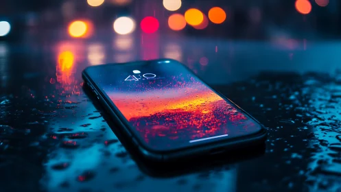 Neon dusk smartphone close-up on wet urban surface at night.