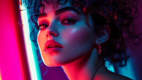 Neon-lit close portrait uses dual-color rim lighting and glossy skin shading