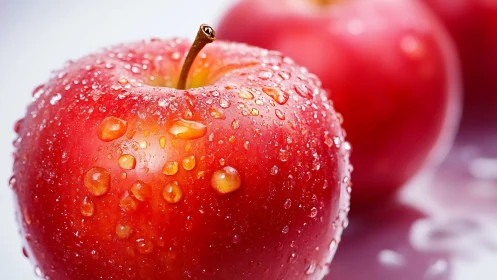 Morning-kissed crimson apples lined in glistening parade.