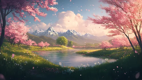 Sakura valley with glacial ridge and reflective spring river.