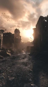 Ruined urban street corridor under low sun and dense clouds.