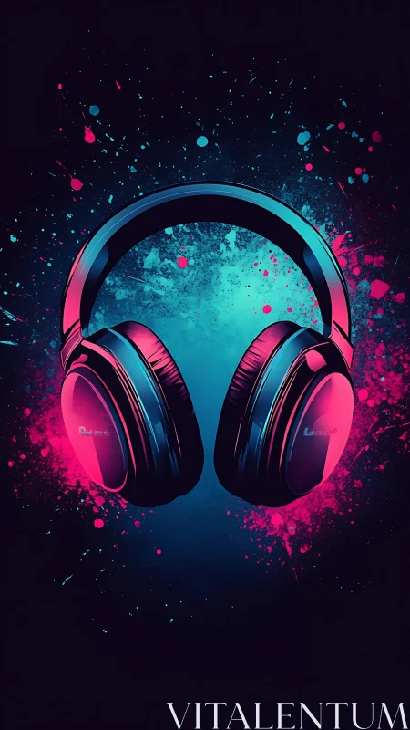 Headphones hang centered amid neon cyan and magenta splashes