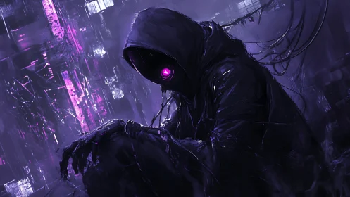 Neon hooded phantom wired into the violet cyber-night.