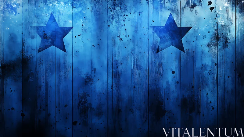 Dual blue star field on distressed vertical plank substrate.