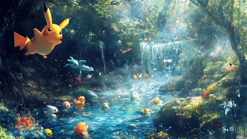 Playful forest creatures splashing beneath a silver waterfall.