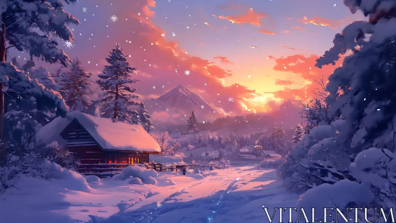 Snowlit cabin hush beneath a peach and violet winter sky.
