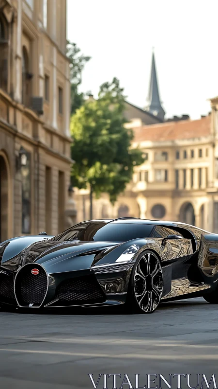 Midnight hypercar prowls sunlit European stone avenues.