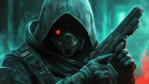 Neon shroud gunner stalks through cyan smoke and crimson glare.