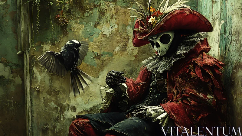 Masquerade reaper waits with blackbird in crumbling alley.