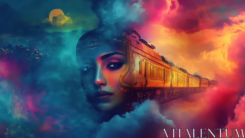 Mystic night train cuts through neon surreal dream clouds.