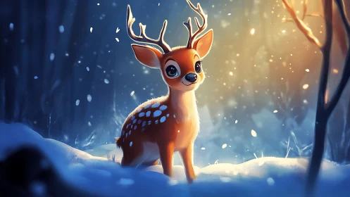 Gentle winter fawn glowing softly in an enchanted forest.
