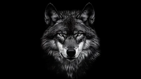 Lone wolf portrait renders silver fur against black void.