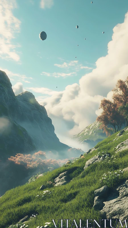 Digital landscape with levitating stones and misted valley perspective.