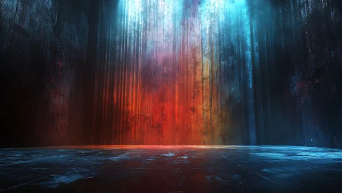 Empty industrial hall with intense red and blue wall light.