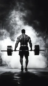 Powerful lifter walks forward with heavy barbell in misty gym