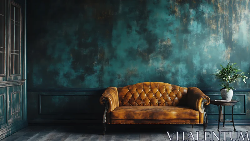 Vintage leather sofa against textured teal interior wall.