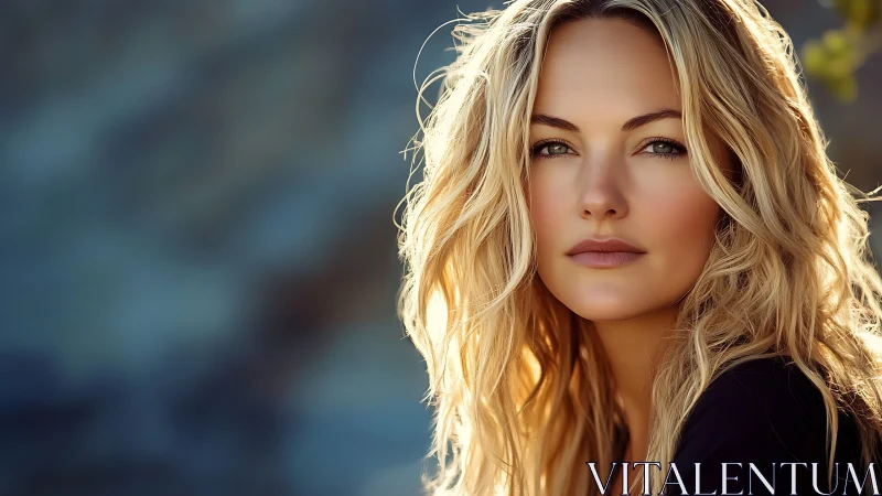 Sunlit blonde portrait captures serene golden hour gaze.