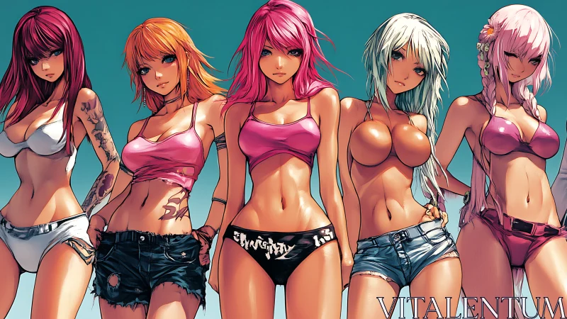 Stylized anime women in revealing summer beachwear lineup.