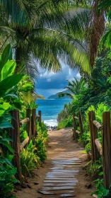 Inviting tropical path leading toward a calm turquoise sea.
