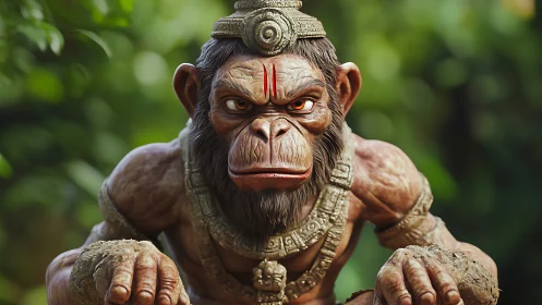 Jungle guardian monkey warrior glowers in sacred armor.