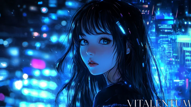 Neon city lights frame a wistful anime girl at midnight
