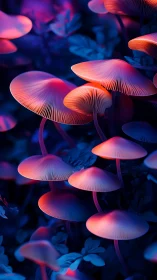 Bioluminescent forest mushrooms in neon twilight glow.
