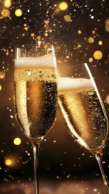 Champagne flutes collide as golden sparks script celebration