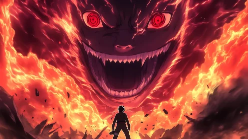 Silhouetted figure before fiery colossal demonic face.