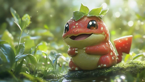 Leaf-crowned chubby lizard creature in luminous forest glade.