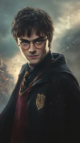 Stormlit young wizard stands defiant amid swirling embers.