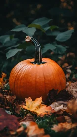Autumn pumpkin on leaf-littered forest floor in soft bokeh.