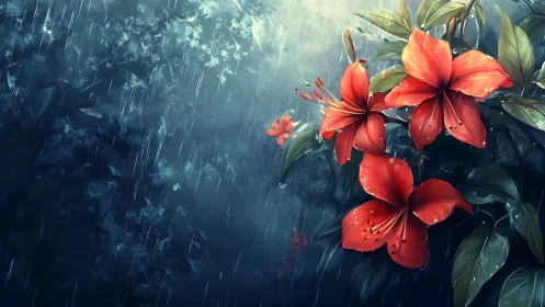 Red Hibiscus Blossoms in Rainfall: Digital Botanical Rendering.