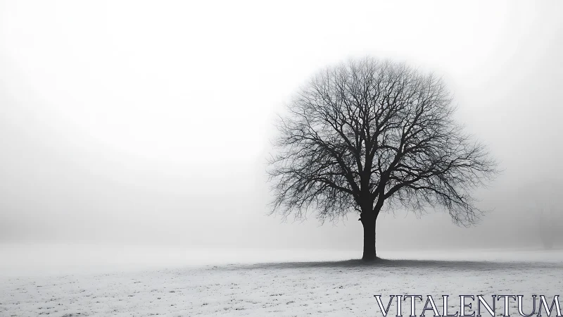 Solitary winter tree sketches quiet geometry into foggy air