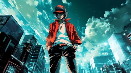 Cool city wanderer in a bold red jacket at dusk.