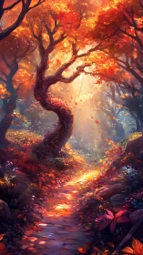 Curved forest tree over glowing autumn path at sunrise.
