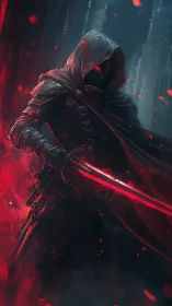 Hooded dark warrior brandishes a glowing red energy blade