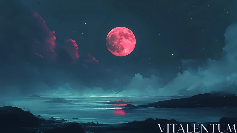 Red full moon illuminates a coastal landscape under clouds