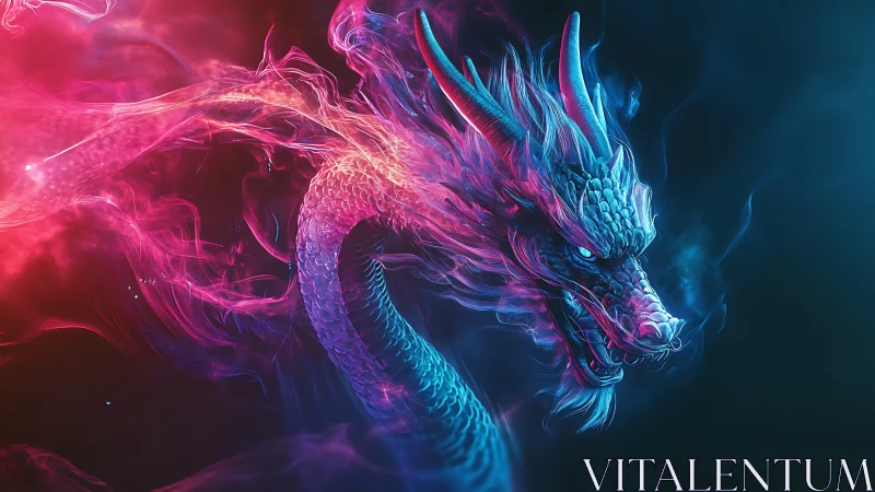 Luminous neon dragon curling through swirling cosmic mist.
