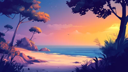 Tropical Sunset Beach with Silhouetted Trees and Rocks.